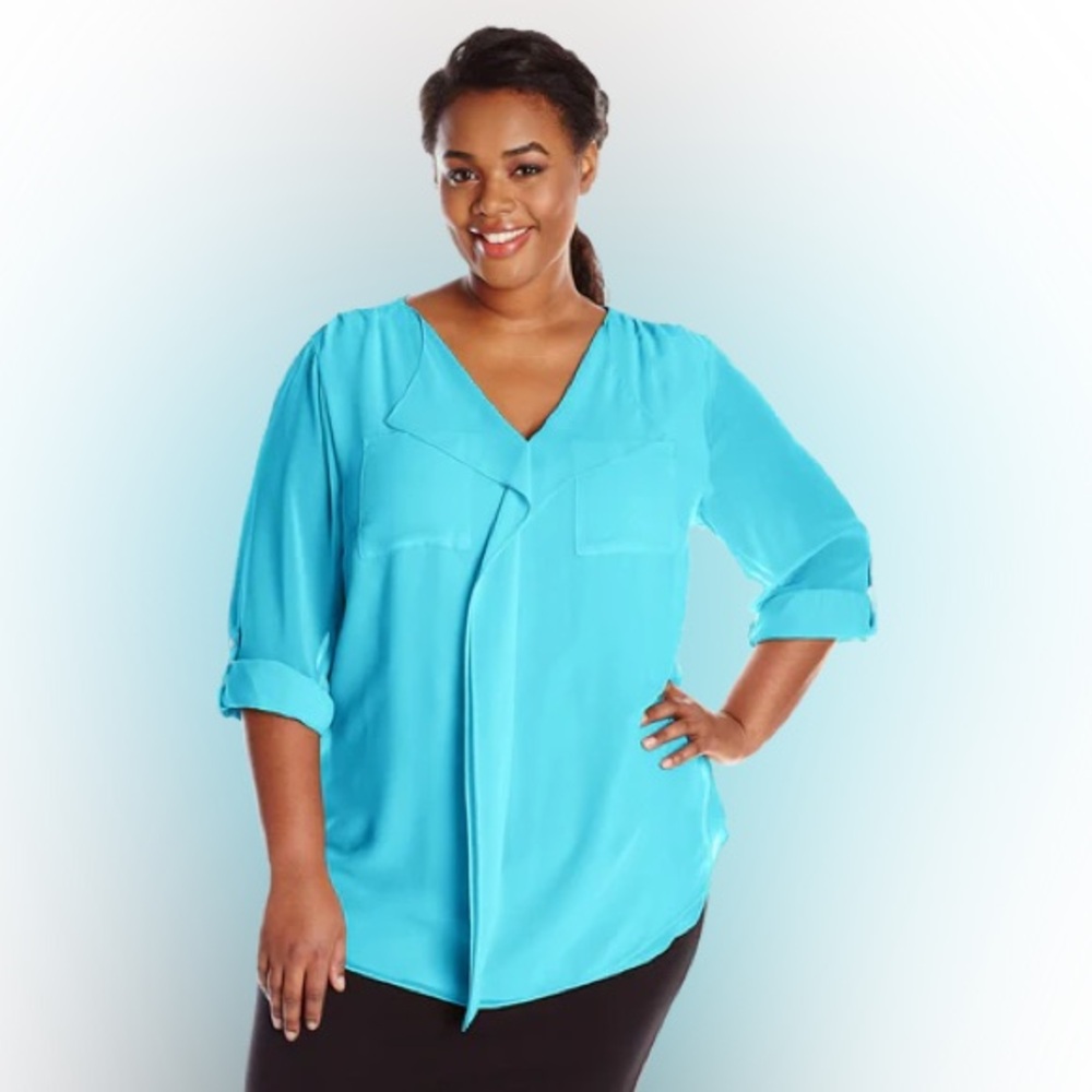 Calvin Klein Aqua Blue Green Ruffle Sheer Lined Roll Tab Blouse Top XS X Small